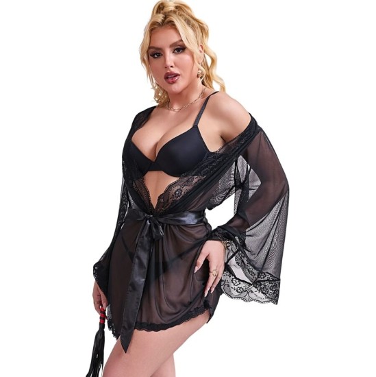 Subblime Babydolls SUBBLIME - TRANSPARENT FABRIC ROBE WITH LACE DETAIL BLACK S/M