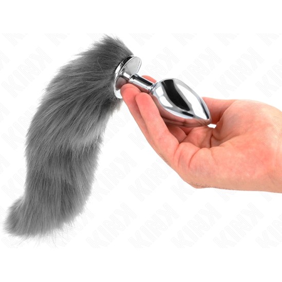 Kink Pleasure Plugs KINK - ANAL PLUG SIZE L 10 X 4 CM WITH SYNTHETIC TAIL 40 CM GREY AND WHITE