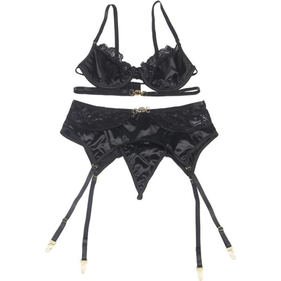 Subblime Sets SUBBLIME - SET OF 3 PIECES BRA + THONG + LACE GARTER BLACK L/XL