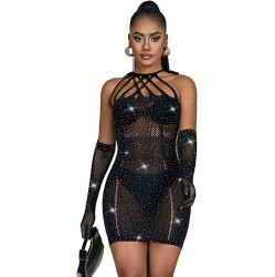 Subblime Dresses SUBBLIME - 952235 FISHNET DRESS WITH RHINESTONES BLACK ONE SIZE