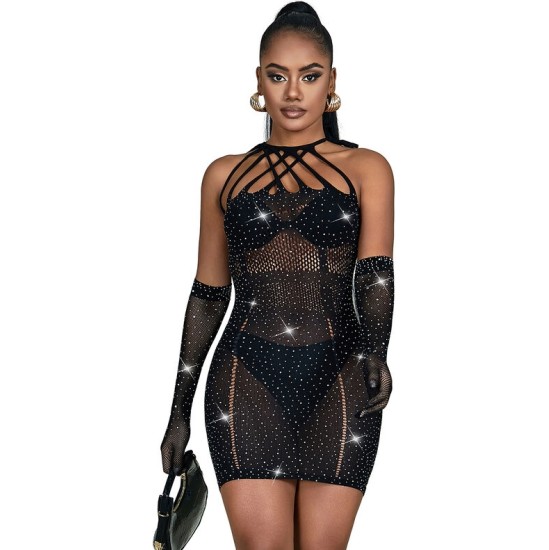 Subblime Dresses SUBBLIME - 952235 FISHNET DRESS WITH RHINESTONES BLACK ONE SIZE