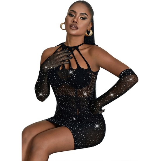 Subblime Dresses SUBBLIME - 952235 FISHNET DRESS WITH RHINESTONES BLACK ONE SIZE