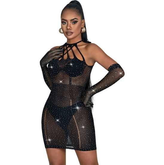 Subblime Dresses SUBBLIME - 952235 FISHNET DRESS WITH RHINESTONES BLACK ONE SIZE