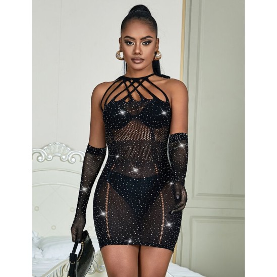 Subblime Dresses SUBBLIME - 952235 FISHNET DRESS WITH RHINESTONES BLACK ONE SIZE