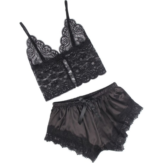 Subblime Sets SUBBLIME - 953935 CASUAL SILK NIGHTGOWN + LACE PANTS BLACK S/M