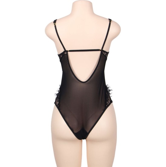 Subblime Queen Plus Size SUBBLIME - QUEEN PLUS FLORAL LACE AND FRINGED BLACK TEDDY