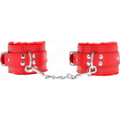 Kink Wrist Restraint KINK - FUR LINED WRIST RESTRAINTS RED WITH RED BELT ADJUSTABLE 17-29 CM X 6 CM