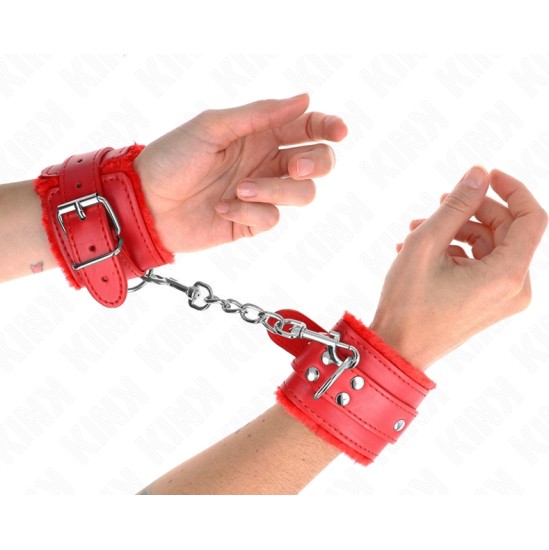 Kink Wrist Restraint KINK - FUR LINED WRIST RESTRAINTS RED WITH RED BELT ADJUSTABLE 17-29 CM X 6 CM