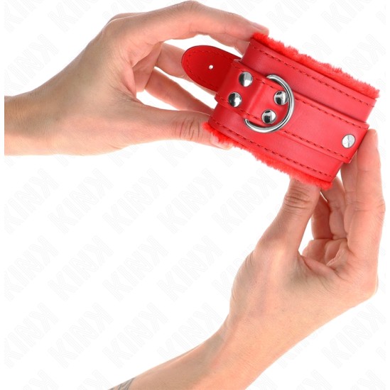 Kink Wrist Restraint KINK - FUR LINED WRIST RESTRAINTS RED WITH RED BELT ADJUSTABLE 17-29 CM X 6 CM