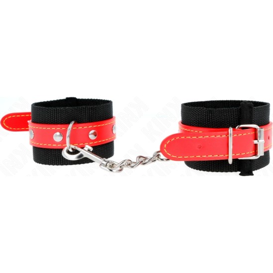 Kink Wrist Restraint KINK - NYLON WRIST RESTRAINTS BLACK WITH LEATHERETTE RED ADJUSTABLE 19-24 CM X 5.5 CM