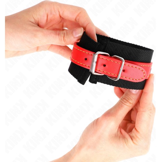 Kink Wrist Restraint KINK - NYLON WRIST RESTRAINTS BLACK WITH LEATHERETTE RED ADJUSTABLE 19-24 CM X 5.5 CM