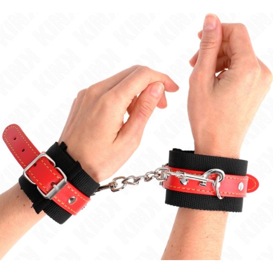 Kink Wrist Restraint KINK - NYLON WRIST RESTRAINTS BLACK WITH LEATHERETTE RED ADJUSTABLE 19-24 CM X 5.5 CM