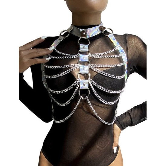 Subblime Fetish SUBBLIME - 953737 CHEST HARNESS WITH RINGS AND CHAINS SILVER ONE SIZE