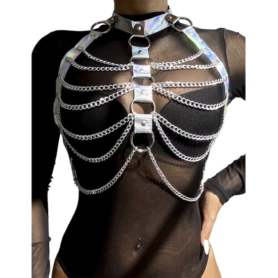 Subblime Fetish SUBBLIME - 953737 CHEST HARNESS WITH RINGS AND CHAINS SILVER ONE SIZE