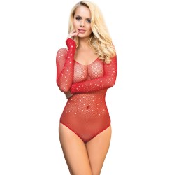 Subblime Bodies SUBBLIME - 952303 SHINY GRILL BODY WITH OFF SHOULDERS LONG SLEEVE RED ONE SIZE