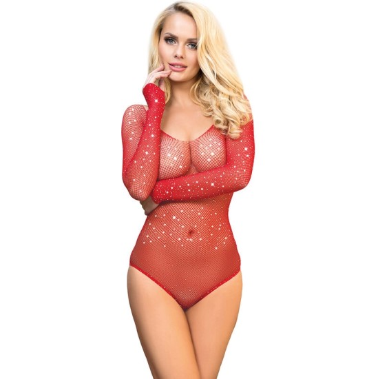 Subblime Bodies SUBBLIME - 952303 SHINY GRILL BODY WITH OFF SHOULDERS LONG SLEEVE RED ONE SIZE