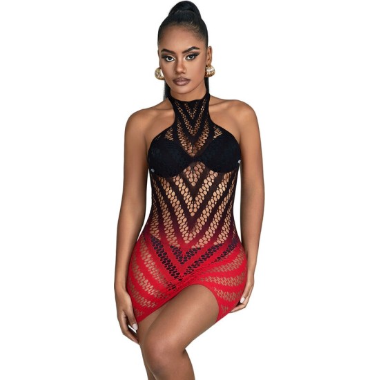 Subblime Dresses SUBBLIME - 952242 RED AND BLACK DEGRADED ELASTIC FISHNET DRESS ONE SIZE