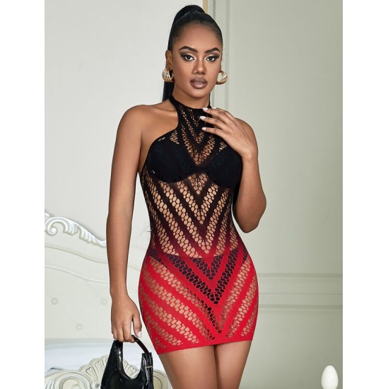 Subblime Dresses SUBBLIME - 952242 RED AND BLACK DEGRADED ELASTIC FISHNET DRESS ONE SIZE