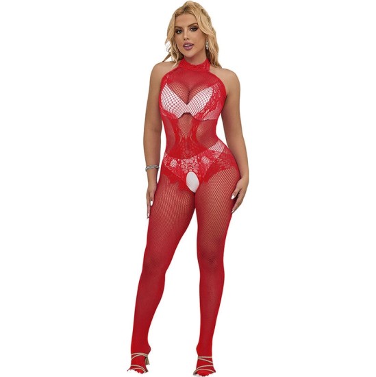 Subblime Bodystockings SUBBLIME - 952372 FISHNET AND LACE CROTCHLESS BODYSTOCKING WITH HIGH NECK RED ONE SIZE