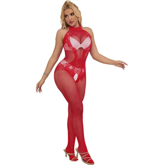 Subblime Bodystockings SUBBLIME - 952372 FISHNET AND LACE CROTCHLESS BODYSTOCKING WITH HIGH NECK RED ONE SIZE