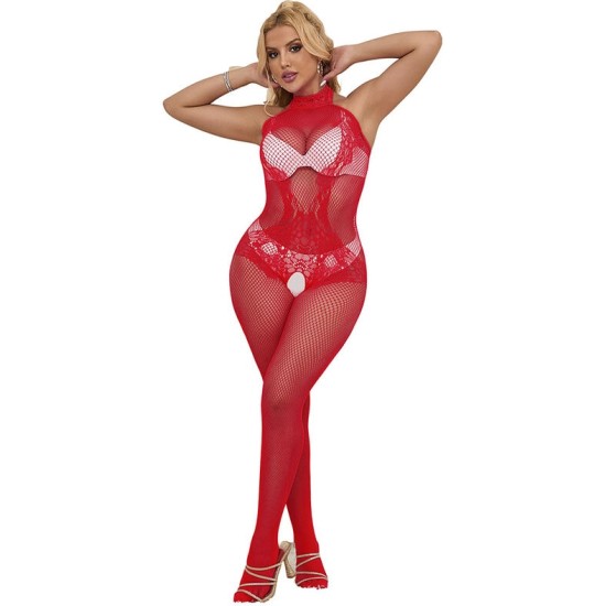 Subblime Bodystockings SUBBLIME - 952372 FISHNET AND LACE CROTCHLESS BODYSTOCKING WITH HIGH NECK RED ONE SIZE