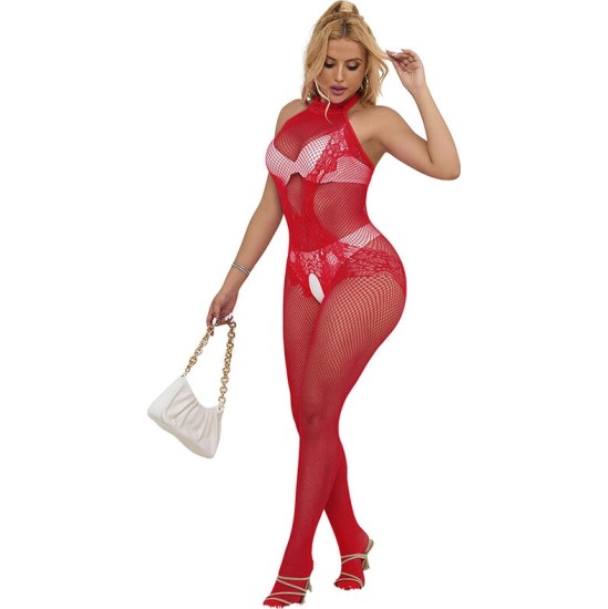 Subblime Bodystockings SUBBLIME - 952372 FISHNET AND LACE CROTCHLESS BODYSTOCKING WITH HIGH NECK RED ONE SIZE