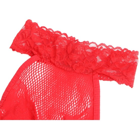 Subblime Bodystockings SUBBLIME - 952372 FISHNET AND LACE CROTCHLESS BODYSTOCKING WITH HIGH NECK RED ONE SIZE