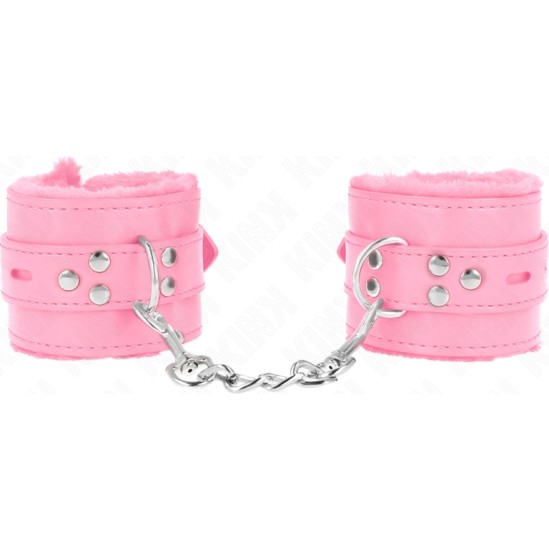 Kink Wrist Restraint KINK - FUR LINED WRIST RESTRAINTS WITH SQUARE HOLES PINK AND PINK BELT ADJUSTABLE 17-29 CM X 6 CM
