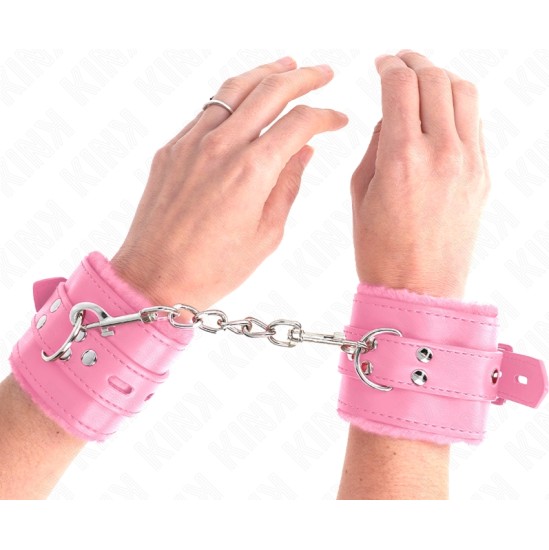 Kink Wrist Restraint KINK - FUR LINED WRIST RESTRAINTS WITH SQUARE HOLES PINK AND PINK BELT ADJUSTABLE 17-29 CM X 6 CM