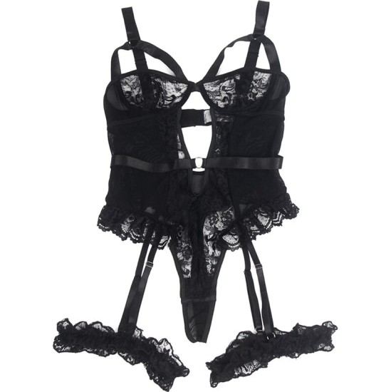 Subblime Bodies SUBBLIME - TEDDY WITH GARTER WITH LACE DETAIL AND STRIPS BLACK S/M