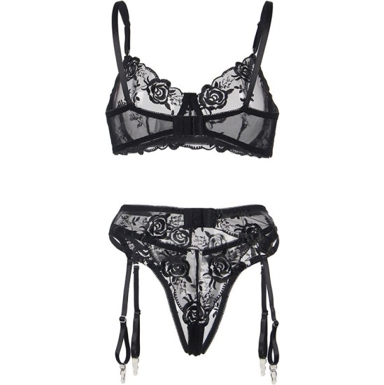 Subblime Sets SUBBLIME - SET OF 3 PIECES BRA + THONG + GARTER FLORAL PRINT BLACK S/M