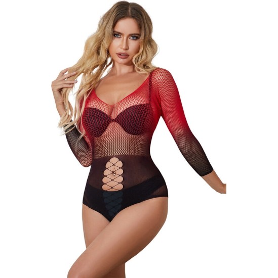 Subblime Dresses SUBBLIME - 952259 RED AND BLACK GRADIENT LONG SLEEVE ELASTIC FISHNET DRESS ONE SIZE