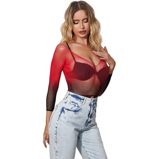 Subblime Dresses SUBBLIME - 952259 RED AND BLACK GRADIENT LONG SLEEVE ELASTIC FISHNET DRESS ONE SIZE