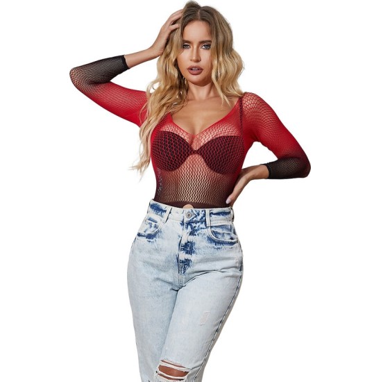 Subblime Dresses SUBBLIME - 952259 RED AND BLACK GRADIENT LONG SLEEVE ELASTIC FISHNET DRESS ONE SIZE