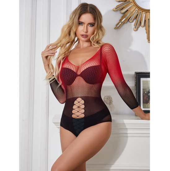 Subblime Dresses SUBBLIME - 952259 RED AND BLACK GRADIENT LONG SLEEVE ELASTIC FISHNET DRESS ONE SIZE