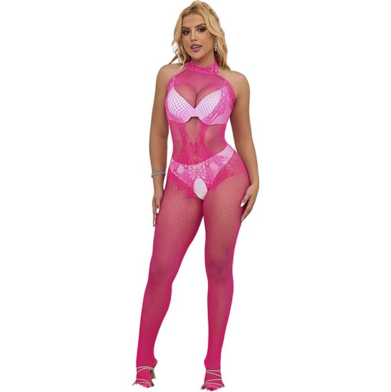 Subblime Bodystockings SUBBLIME - 952389 FISHNET AND LACE CROTCHLESS BODYSTOCKING WITH HIGH NECK PINK ONE SIZE