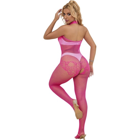 Subblime Bodystockings SUBBLIME - 952389 FISHNET AND LACE CROTCHLESS BODYSTOCKING WITH HIGH NECK PINK ONE SIZE