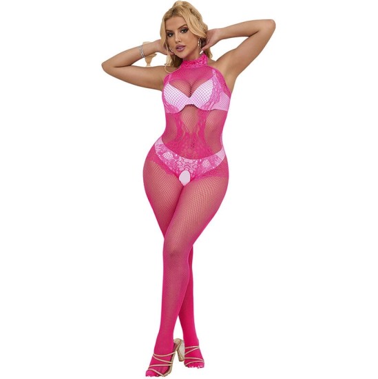 Subblime Bodystockings SUBBLIME - 952389 FISHNET AND LACE CROTCHLESS BODYSTOCKING WITH HIGH NECK PINK ONE SIZE