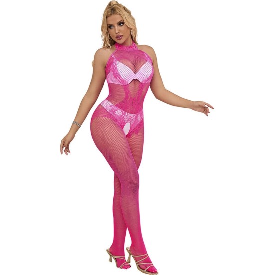 Subblime Bodystockings SUBBLIME - 952389 FISHNET AND LACE CROTCHLESS BODYSTOCKING WITH HIGH NECK PINK ONE SIZE