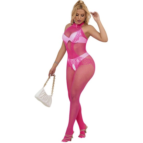 Subblime Bodystockings SUBBLIME - 952389 FISHNET AND LACE CROTCHLESS BODYSTOCKING WITH HIGH NECK PINK ONE SIZE