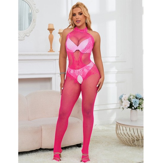 Subblime Bodystockings SUBBLIME - 952389 FISHNET AND LACE CROTCHLESS BODYSTOCKING WITH HIGH NECK PINK ONE SIZE