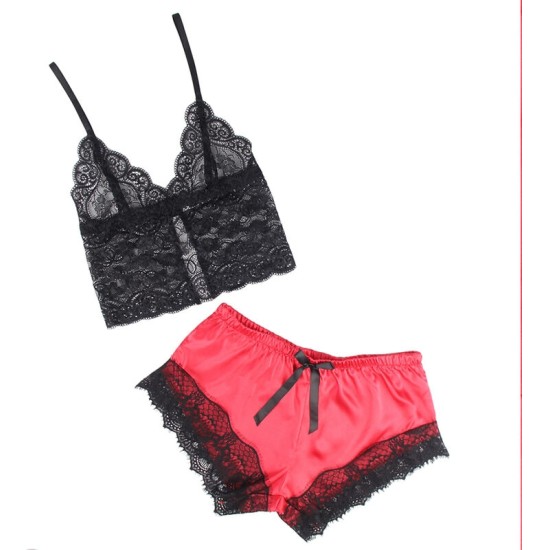 Subblime Sets SUBBLIME - 953959 CASUAL SILK NIGHTGOWN + LACE PANTS BLACK/RED S/M