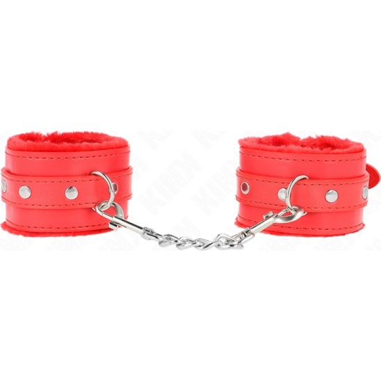 Kink Wrist Restraint KINK - PREMIUM FUR LINED WRIST RESTRAINTS RED WITH RED BELT ADJUSTABLE 17-29 CM X 6 CM