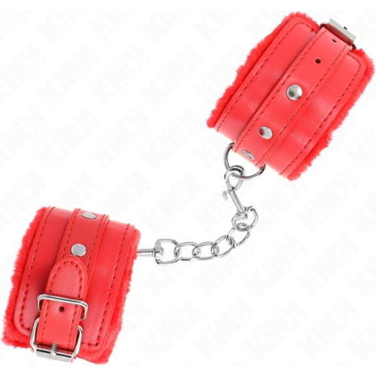 Kink Wrist Restraint KINK - PREMIUM FUR LINED WRIST RESTRAINTS RED WITH RED BELT ADJUSTABLE 17-29 CM X 6 CM