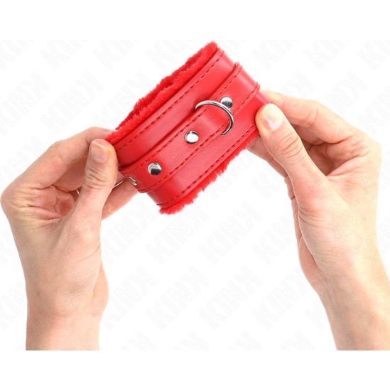 Kink Wrist Restraint KINK - PREMIUM FUR LINED WRIST RESTRAINTS RED WITH RED BELT ADJUSTABLE 17-29 CM X 6 CM