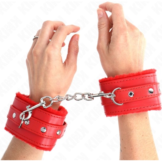 Kink Wrist Restraint KINK - PREMIUM FUR LINED WRIST RESTRAINTS RED WITH RED BELT ADJUSTABLE 17-29 CM X 6 CM