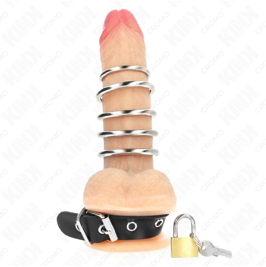 Kink Ring Power KINK - LEATHER PENIS RING WITH LOCK STRAP 21 X 2 CM AND 5 METAL RINGS FROM 3 CM TO 4 CM