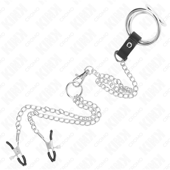 Kink Ring Power KINK - TRIPLE CHROME METAL PENIS RING 3.8 CM TO 5 CM WITH 26 CM METAL CHAIN AND NIPPLE CLAMPS MODEL 1