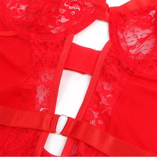 Subblime Bodies SUBBLIME - TEDDY WITH GARTER WITH LACE DETAIL AND STRIPS RED S/M