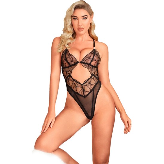 Subblime Bodies SUBBLIME - 955212 TRANSPARENT BODYSUIT WITH BLACK HOLLOW LACE S/M
